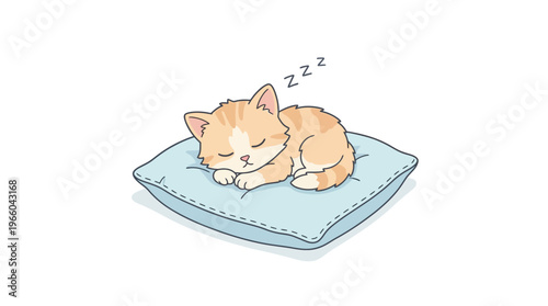 Sleeping Orange Kitten on Cushion.