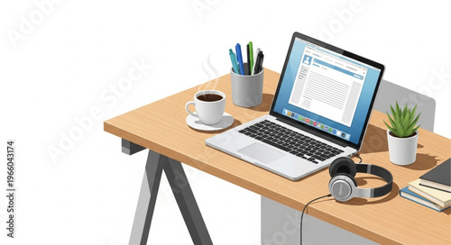 Workstation setup with laptop, coffee, and office supplies on a desk.