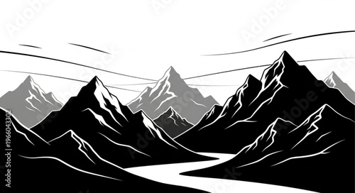Monochromatic Mountain Range Landscape with River and Cloudscape.