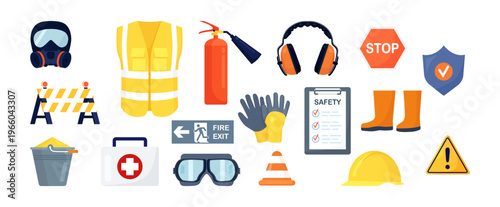 Industrial safety or personal protective equiptment and clothing. PPE set. Vector flat illustration
