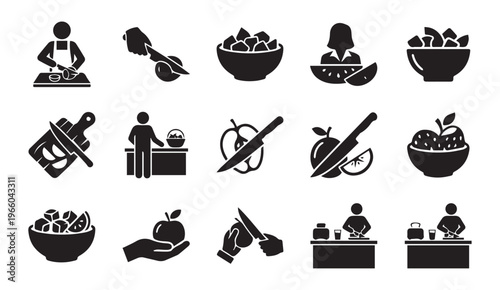 Food preparation and healthy eating icon set. cooking, cutting, fruits, vegetabl