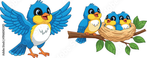 Cute blue bird family cartoon vector illustration with parent flying and baby chicks in nest on tree branch nature scene