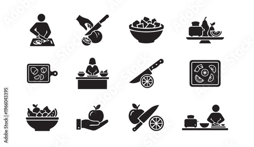 Cooking and healthy food preparation black icon set on white background