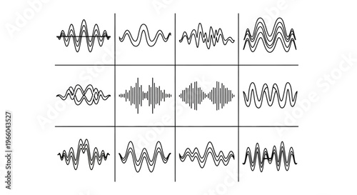 Variety of abstract audio wave and sound spectrum patterns in grid format on an isolated white background. Visual elements for acoustics.