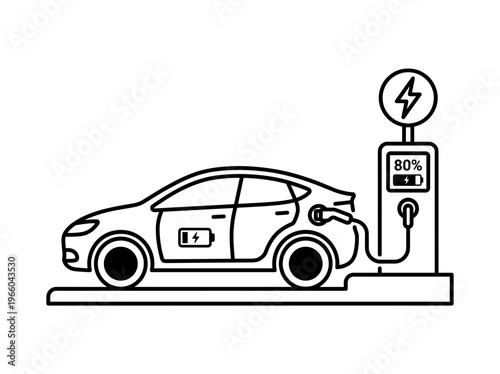 Electric vehicle charging station vector line icon. EV car battery charging process concept with status indicator