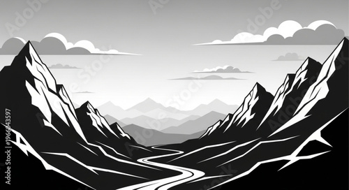 Monochromatic Mountain Valley Landscape with Winding Road and Clouds.