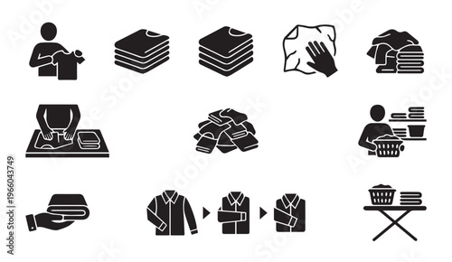 Laundry folding washing and ironing home chores process icon set