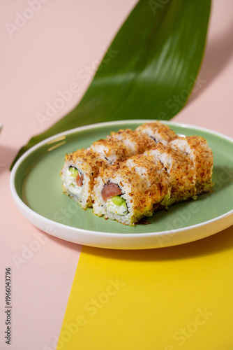 Gourmet sushi presentation featuring crispy crust and fresh ingredients