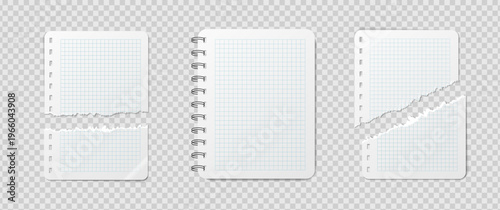 Empty realistic detailed school notepad mockup isolated on transparent background. For your image, logo, text or design. Blank notebook mock up with shadows. Torn business notepad sheet. Vector illust