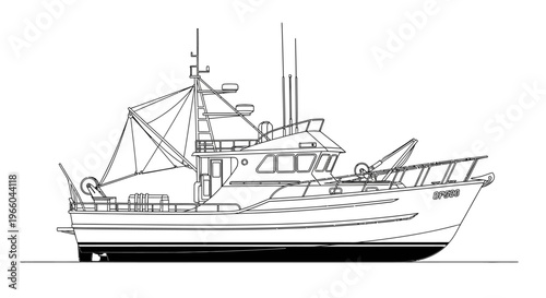 Detailed fishing boat side view in black and white line art