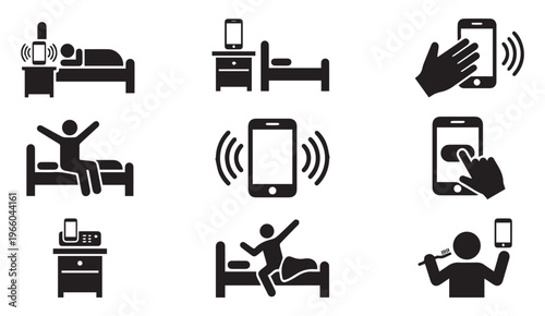 Smartphone in bed vector icons. digital habits, morning routine, mobile alarm