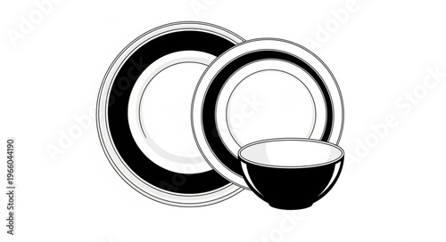 Elegant Black and White Dinnerware Set with Plates and Bowl.