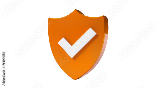 Orange shield white checkmark, isolated on transparent background for protection