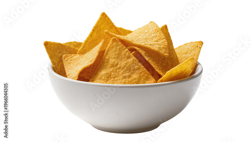 Obraz na plátně Golden crispy tortilla nacho chips in a white ceramic bowl, isolated on transpar