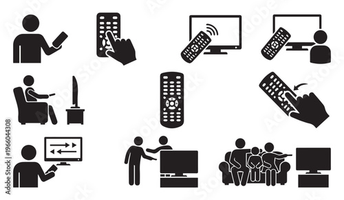 Television remote control usage icons. people watching tv