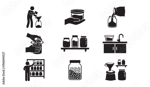 Food preservation and storage icons. people filling jars