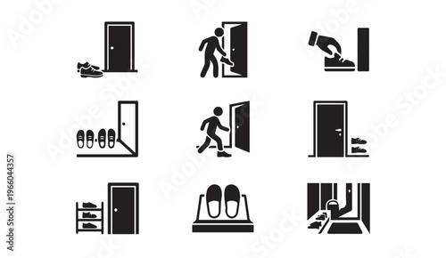 Door entrance exit icons set. people entering, leaving home