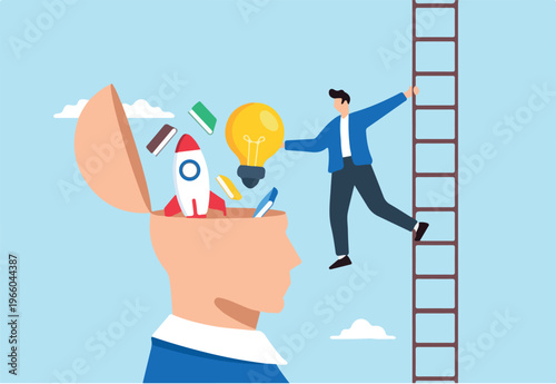 Flat illustration of man insert book lightbulb rocket booster into open human mind symbolizing up skilling