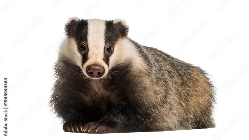 Fototapeta premium European badger with distinctive black and white striped face lying down, isolated on transparent background