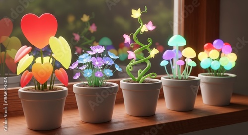 Colorful Potted Plants on Windowsill Indoor.