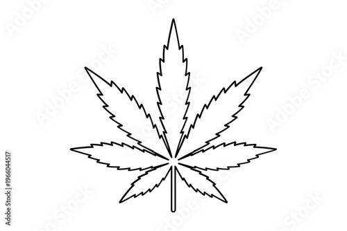 A simple black and white line drawing depicts a single cannabis leaf showcasing its distinct serrated edges