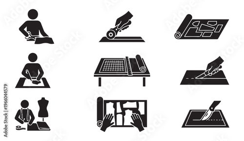 Tailoring and fashion design process icons with fabric cutting and sewing tools