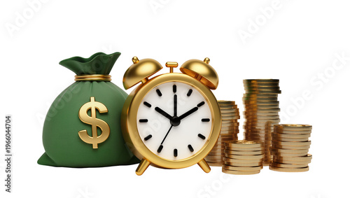 Fotografi Green money bag golden alarm clock coin stacks, isolated on transparent backgrou