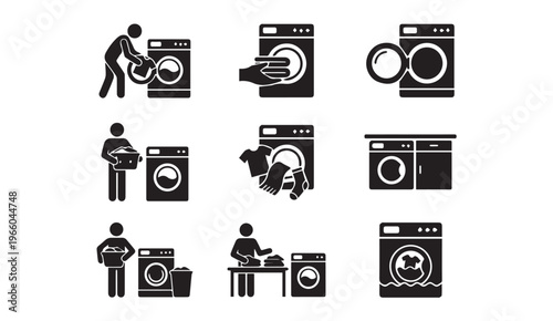 Laundry day icons: people washing clothes with washing machines and baskets