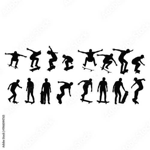 Black silhouettes of skateboarders performing tricks