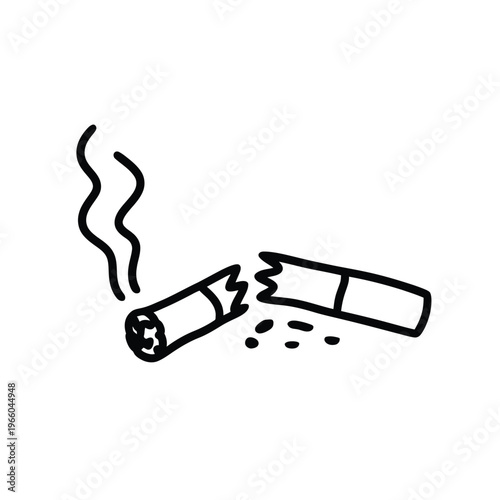 A simple black and white doodle depicts a broken cigarette with smoke rising from its end