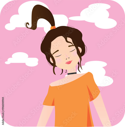 Dreamy girl with closed eyes and a slight smile on a pink background with white clouds