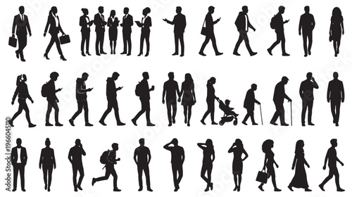 Black silhouettes, business people, walking, standing, 30 human icons, vector graphics