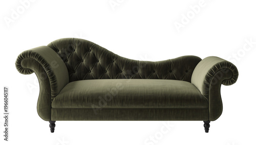 Slika na platnu Olive green velvet tufted chaise lounge with classic rolled arms, isolated on tr