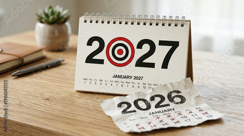 Future planning target set on 2027 calendar with 2026 torn page symbolizing past year progress and