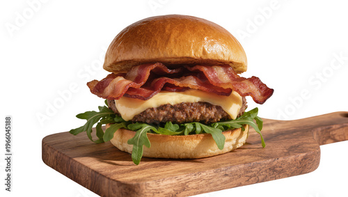 Quadro su tela Burger with bacon cheese arugula, isolated on transparent background