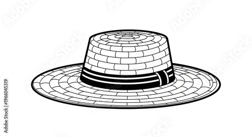 Stylish minimalist straw hat with ribbon in black and white line art