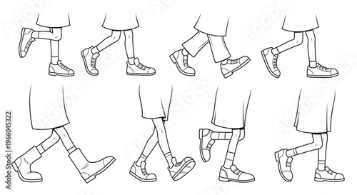 Walking animation cycle: cartoon outline of shoes and pants