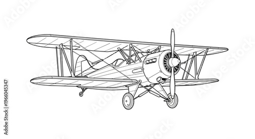 Detailed outline of a vintage biplane with propeller in black and white