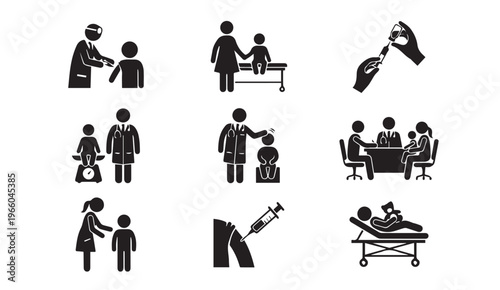 Pediatric healthcare and child vaccination icons set for medical services