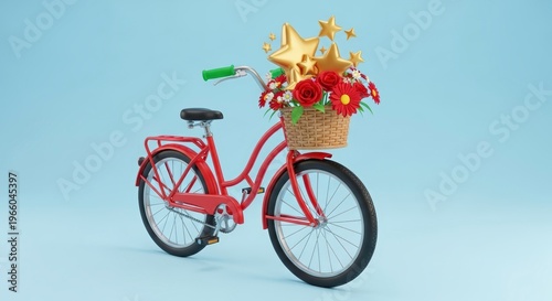 Red bicycle with flower basket decoration.