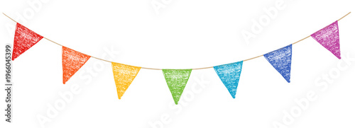 Horizontal festive pennant bunting. Colorful crayon triangle flags on rope isolated on white background. Hand drawn party garland for celebration decor.