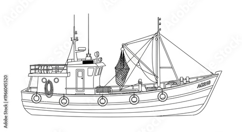 Detailed fishing trawler line art with netting and rigging