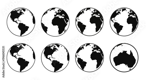 Black and white globe icons: rotating earth views from different angles