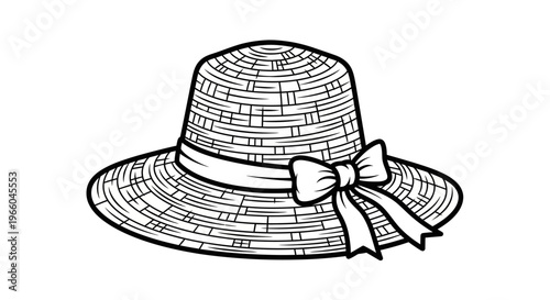 Hand-drawn straw hat with bow on a white background