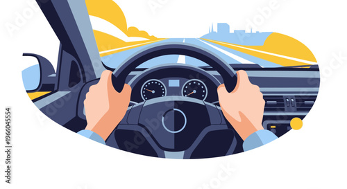 Hands on steering wheel with scenic highway view in flat design illustration
