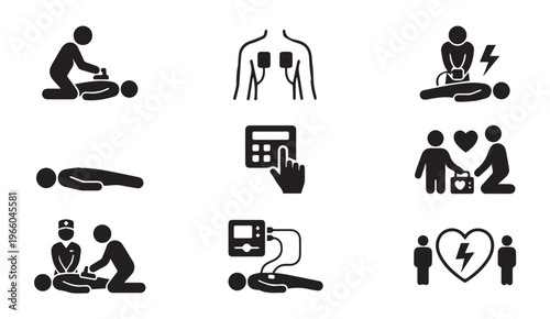 Aed cpr medical emergency icons set - defibrillator first aid training