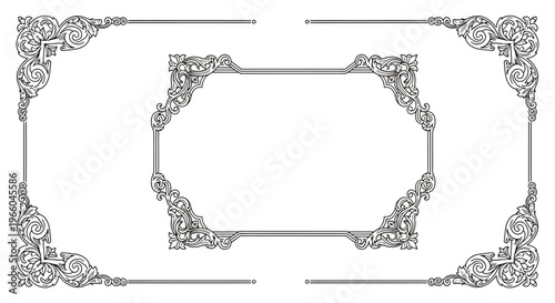 Elegant ornamental border with vintage floral corners in black and white design