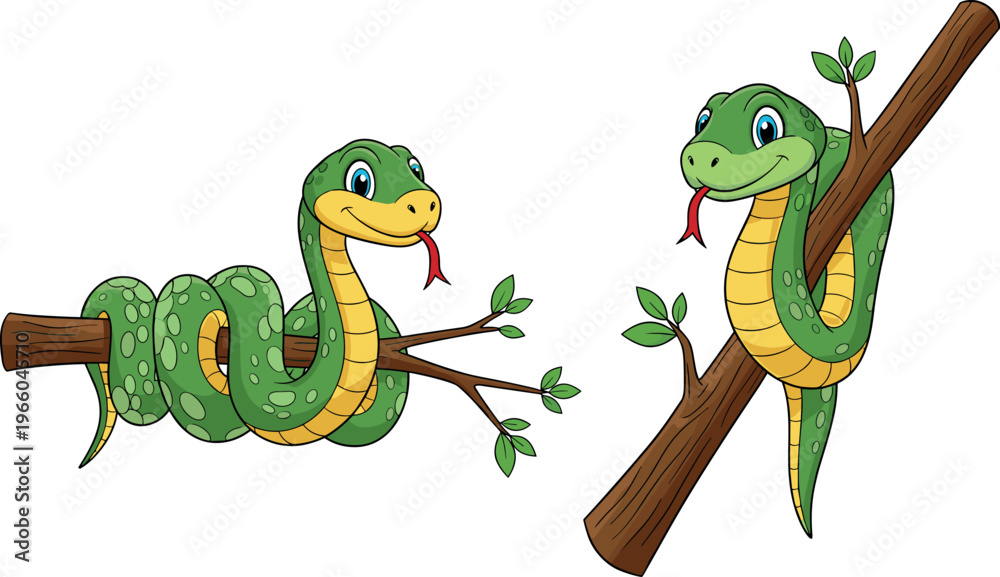 Fototapeta premium Cute cartoon snake vector illustration set with green smiling serpents on tree branches isolated playful animal characters design