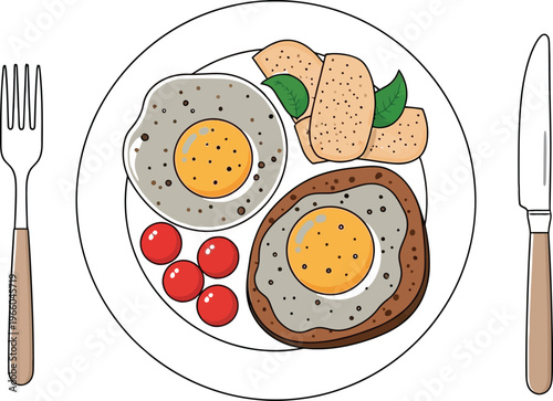 A simple breakfast plate with eggs, bread, tomatoes, and sausages Vector