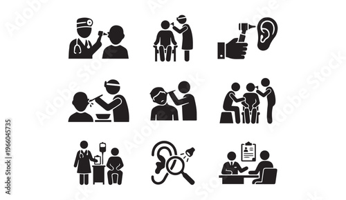 Ear examination hearing loss icons - ent doctor otoscope medical checkup
